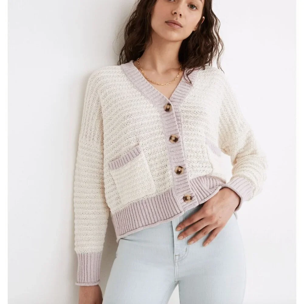 Madewell Seabrook Cardigan Sweater in Colorblock Antique Cream Size XL